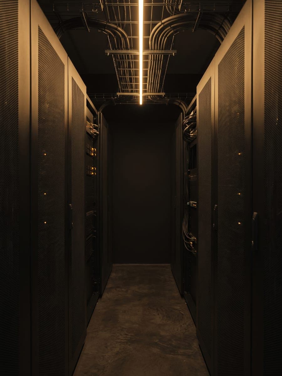 Blick in einen kleinen Serverraum mit zwei Schränken und Kabeltrassen